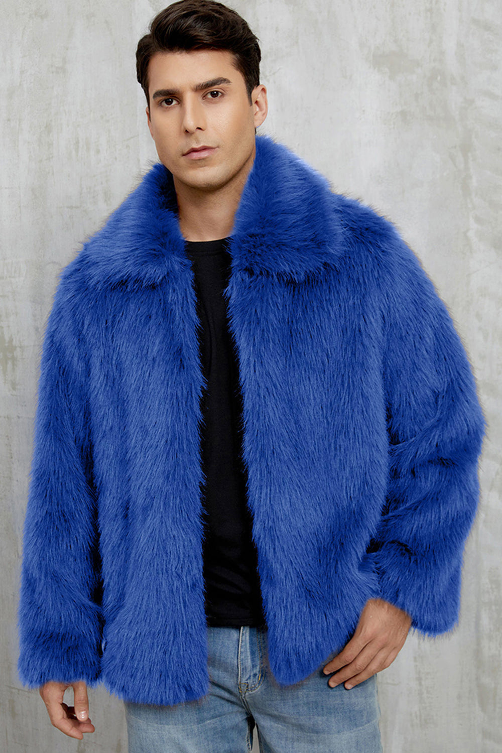 Black Fluffy Faux Fur Lapel Short Winter Men's Coat