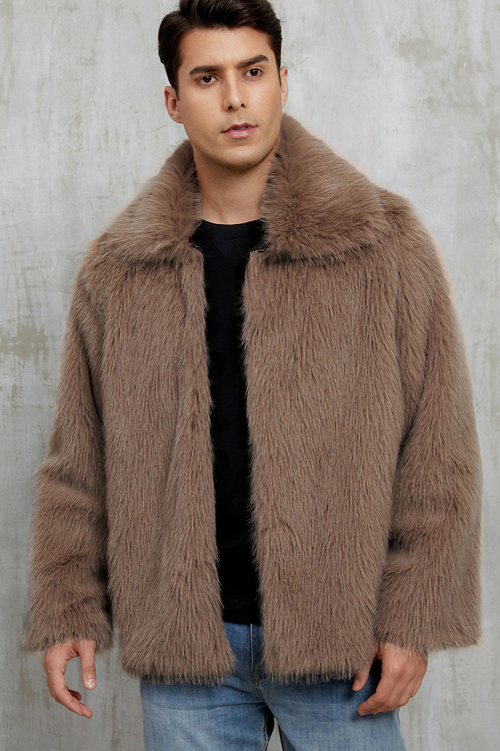 Black Fluffy Faux Fur Lapel Short Winter Men's Coat