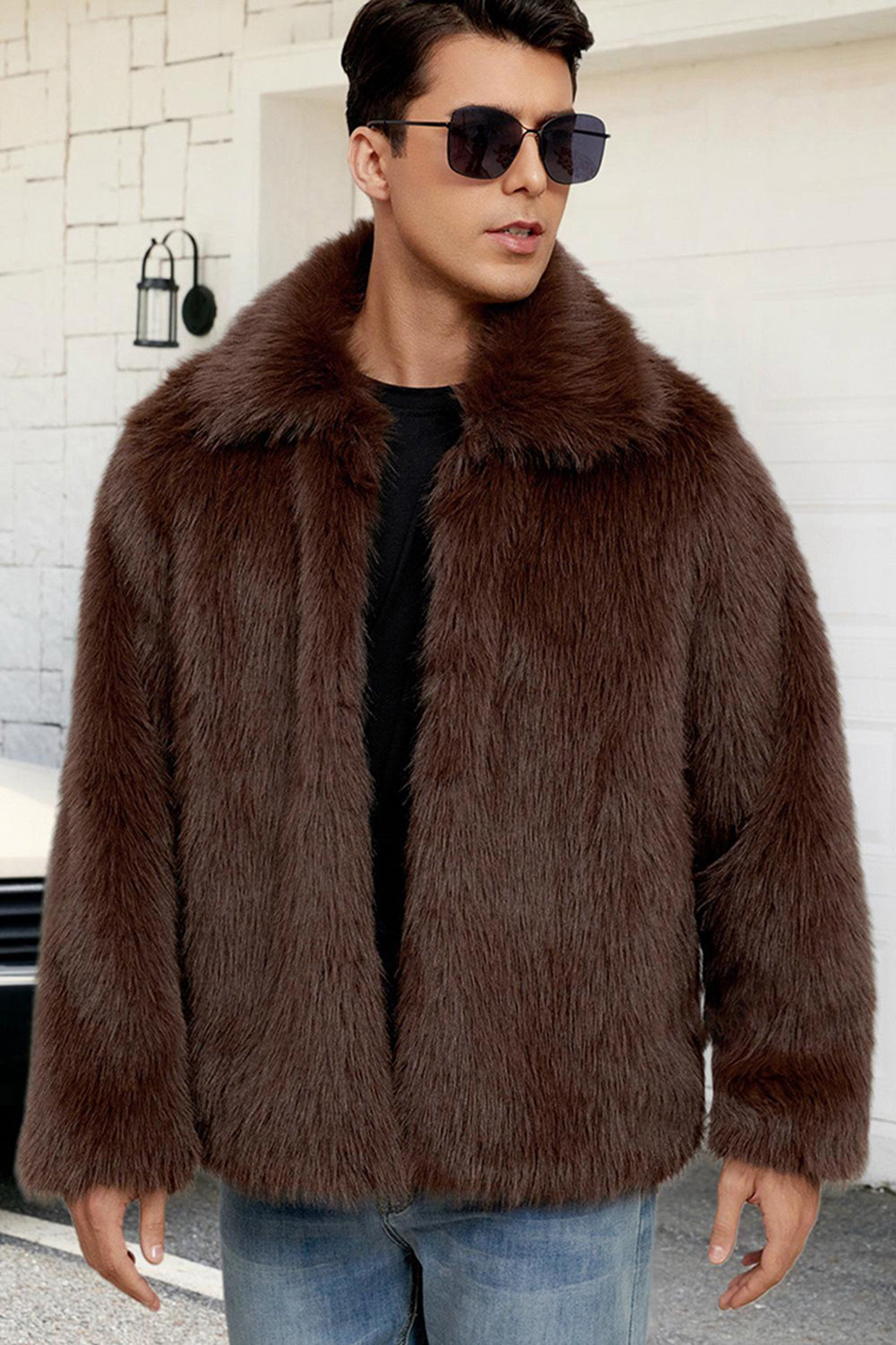 Black Fluffy Faux Fur Lapel Short Winter Men's Coat