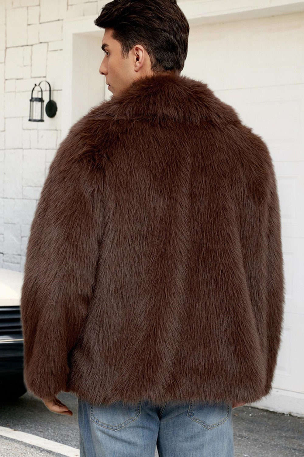 Black Fluffy Faux Fur Lapel Short Winter Men's Coat