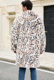 White Leopard Notched Lapel Long Faux Fur Winter Men's Coat