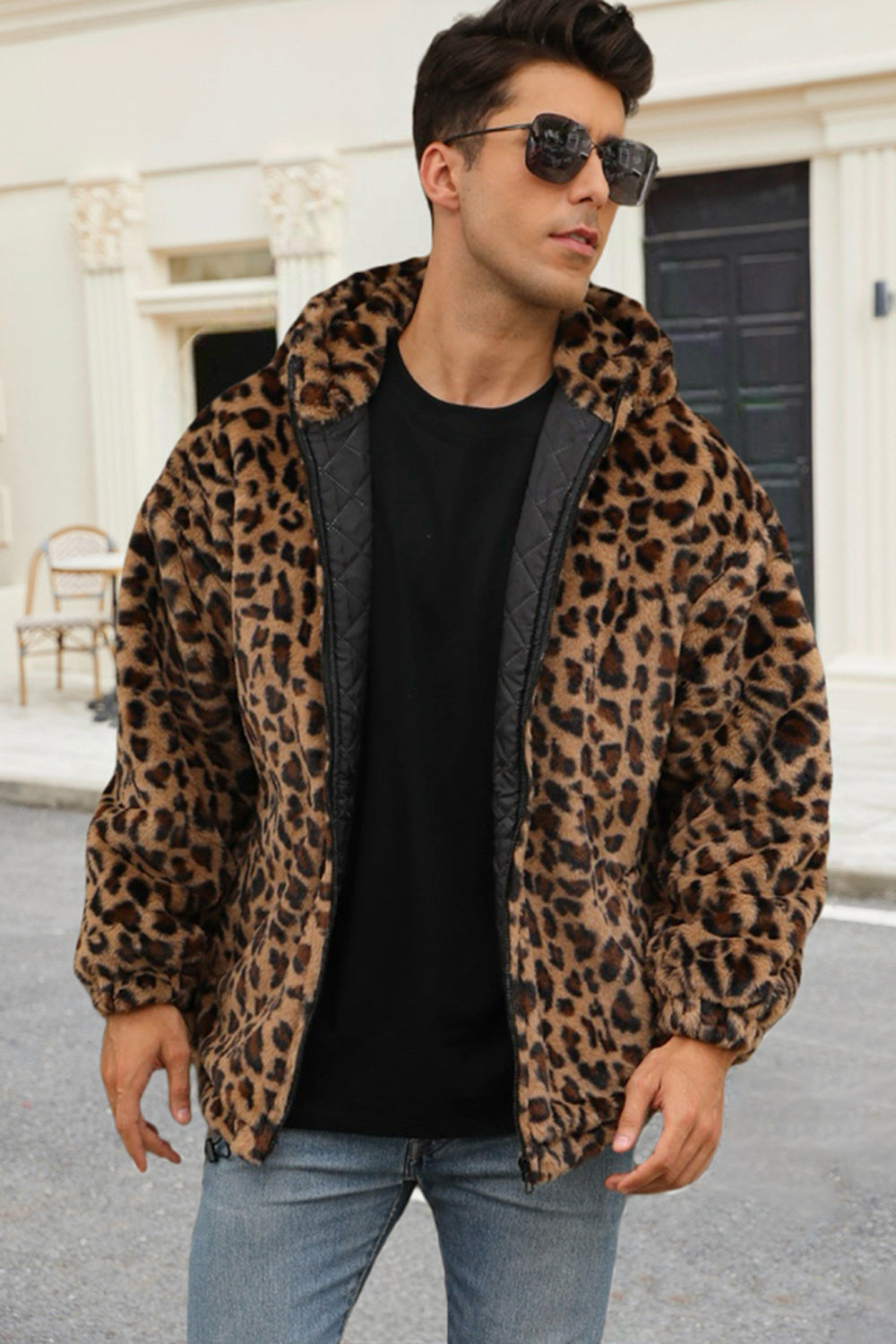 Coffee Leopard Faux Fur Men's Winter Coat with Pockets