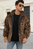 Coffee Leopard Faux Fur Men's Winter Coat with Pockets