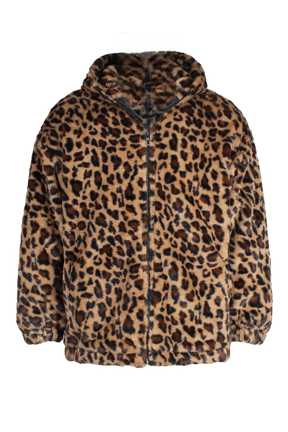 Coffee Leopard Faux Fur Men's Winter Coat with Pockets