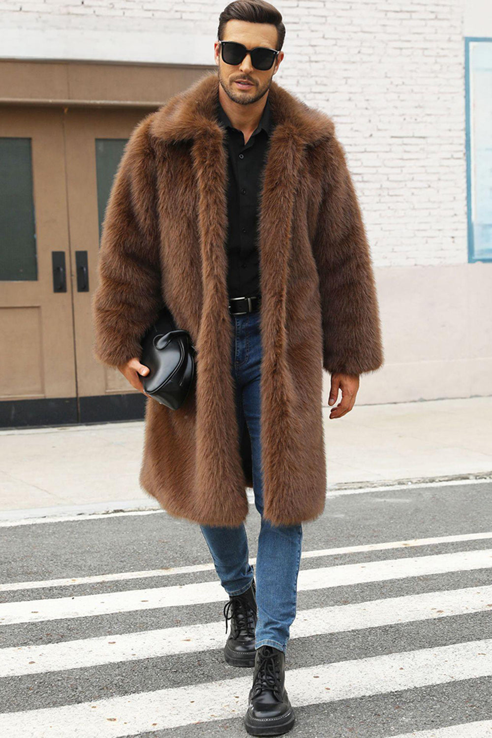 Brown Fluffy Faux Fur Lapel Long Winter Men's Coat