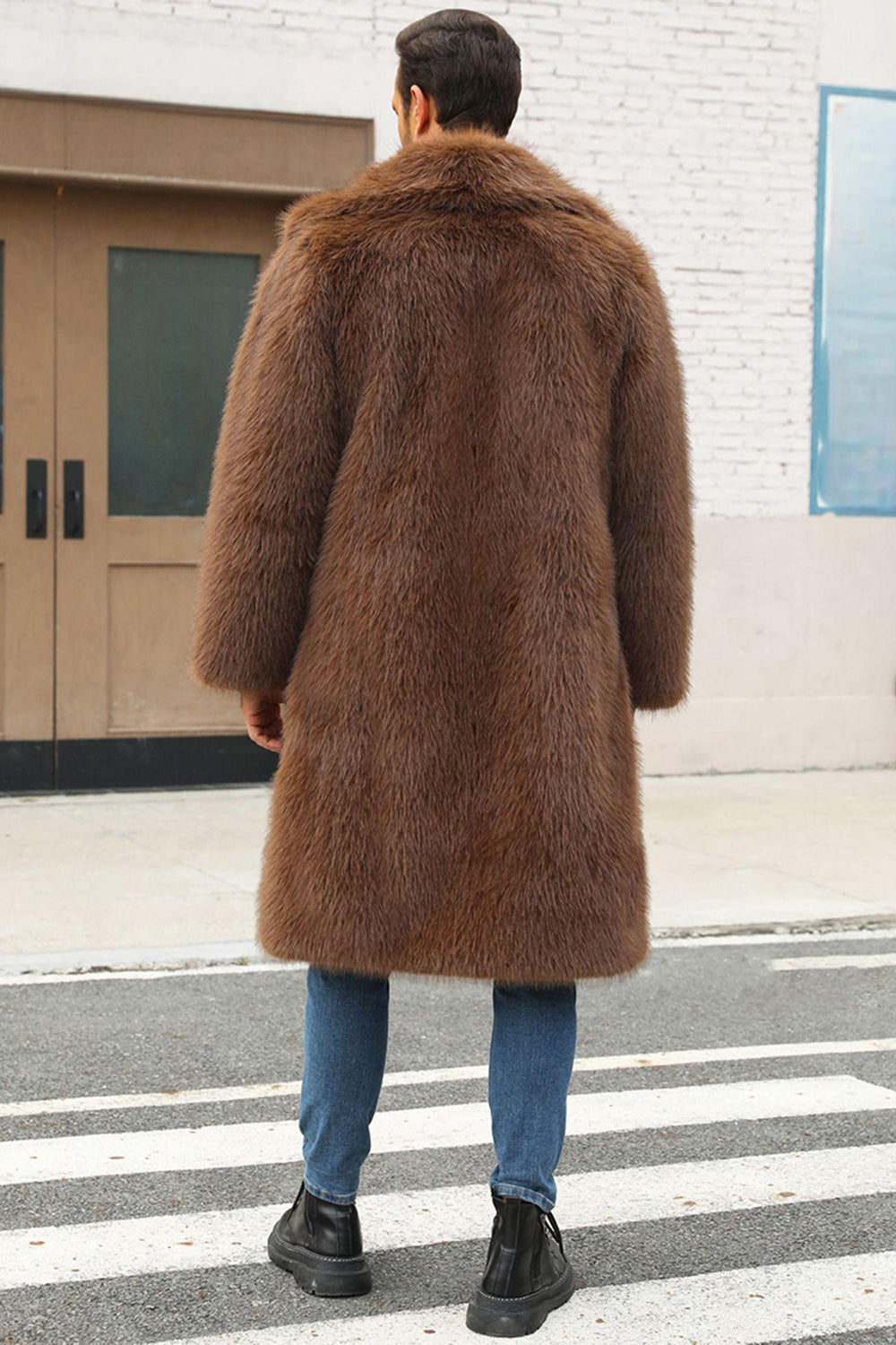 Brown Fluffy Faux Fur Lapel Long Winter Men's Coat