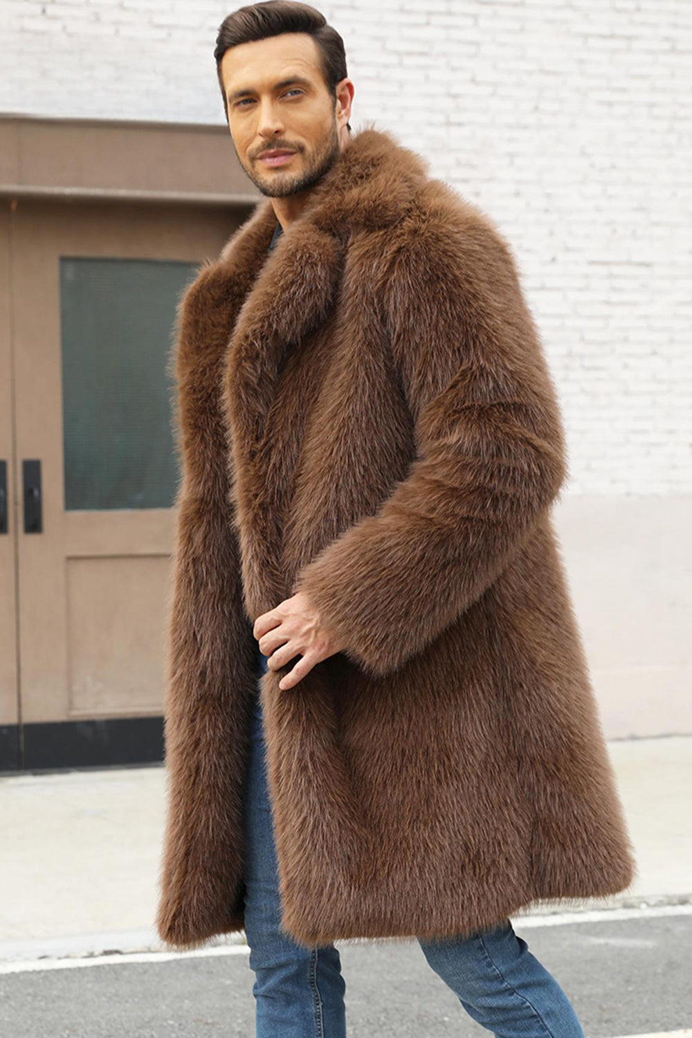 Brown Faux Fur Notched Lapel Long Men's Winter Coat