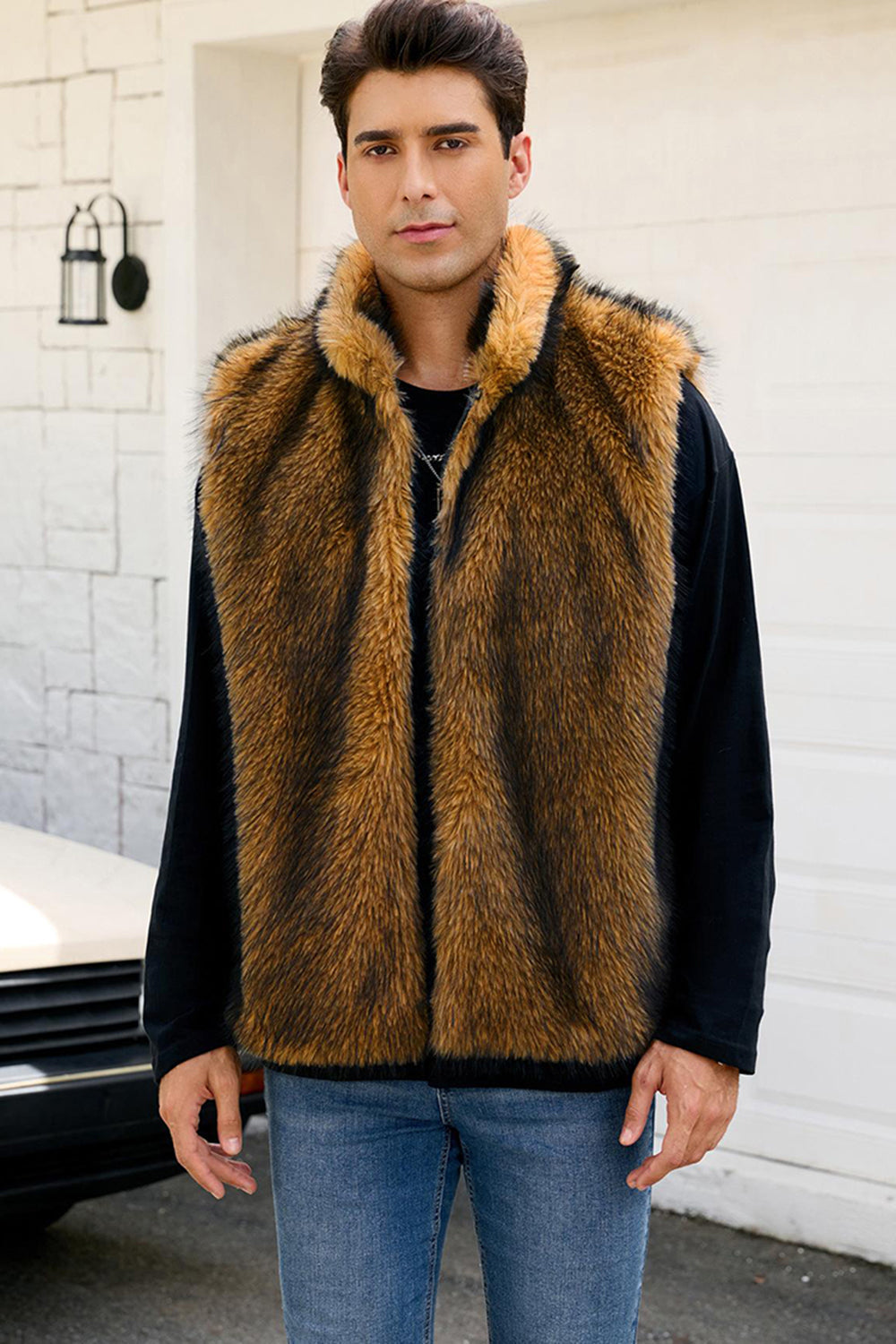 Light Grey Lapel Faux Fur Winter Men's Vest