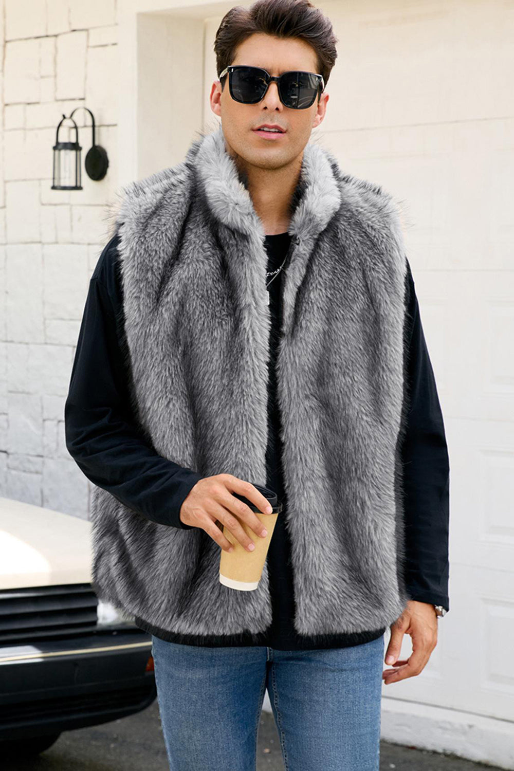 Light Grey Lapel Faux Fur Winter Men's Vest