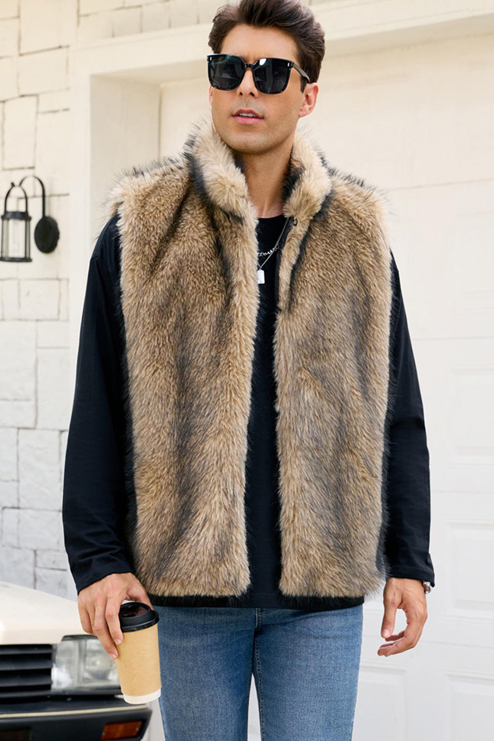 Light Grey Lapel Faux Fur Winter Men's Vest