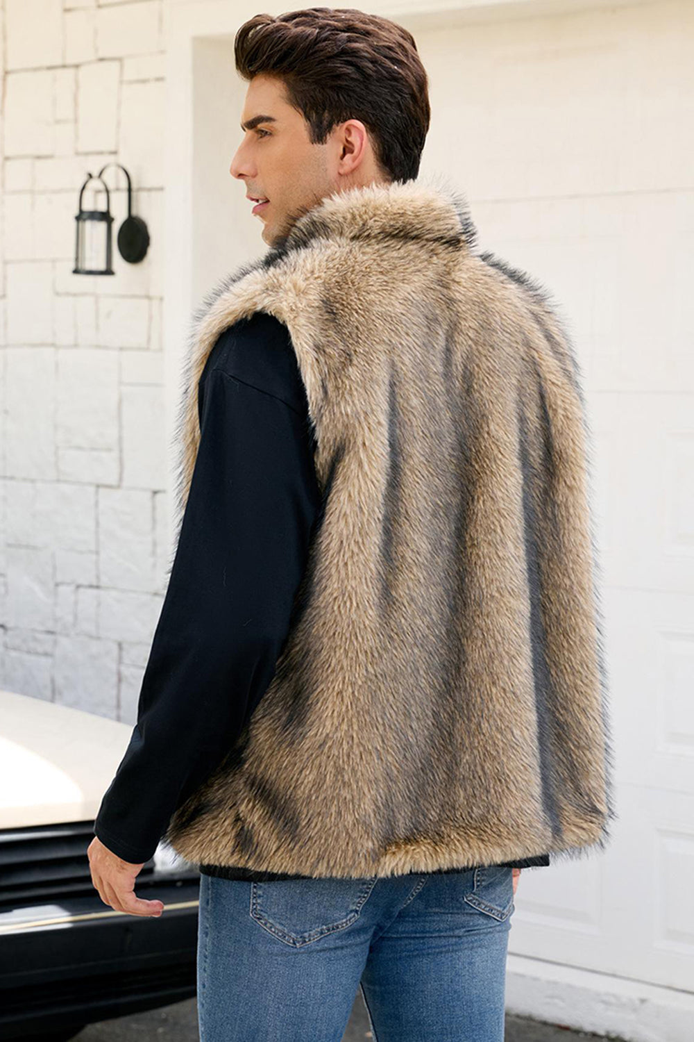 Light Grey Lapel Faux Fur Winter Men's Vest