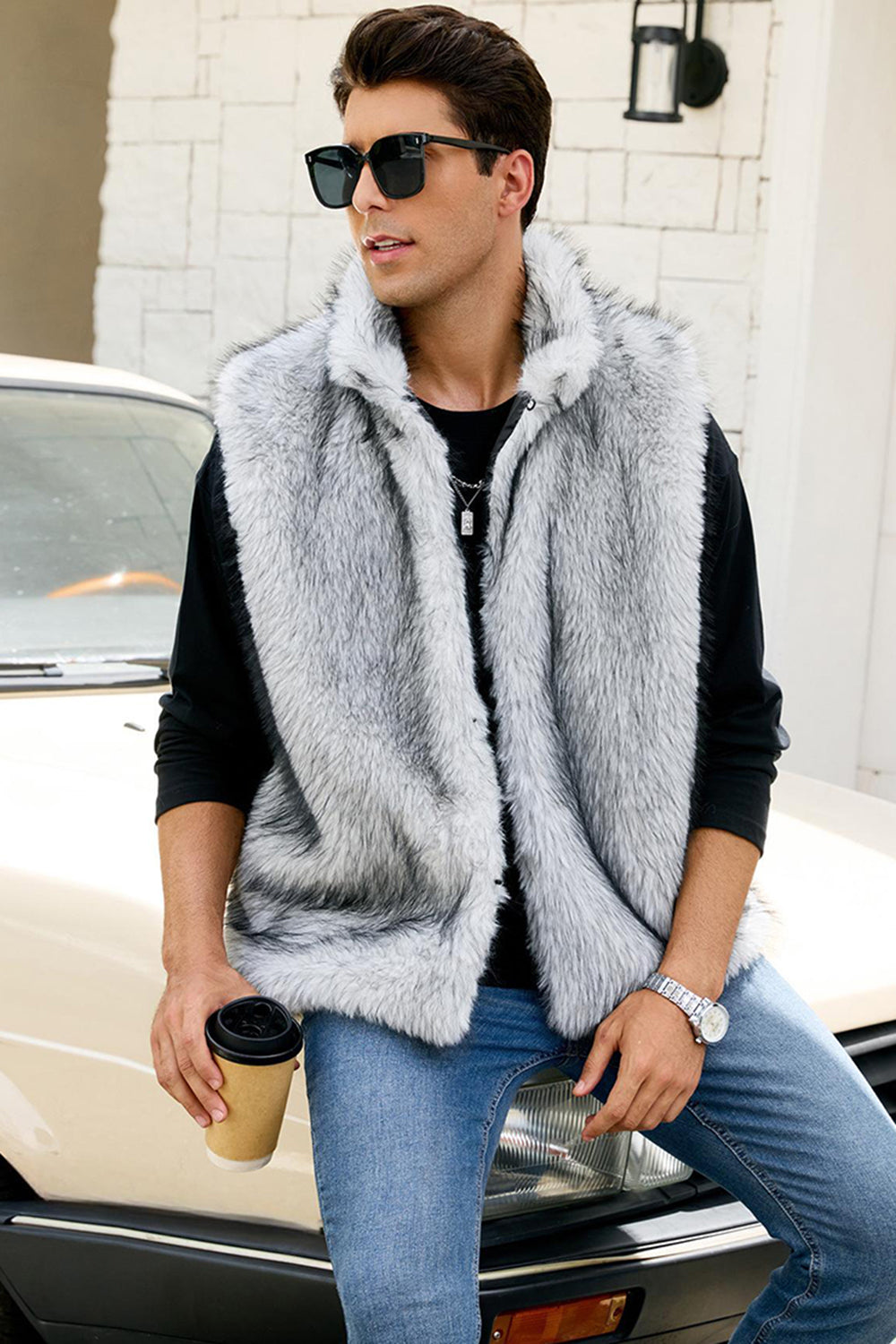 Light Grey Lapel Faux Fur Winter Men's Vest