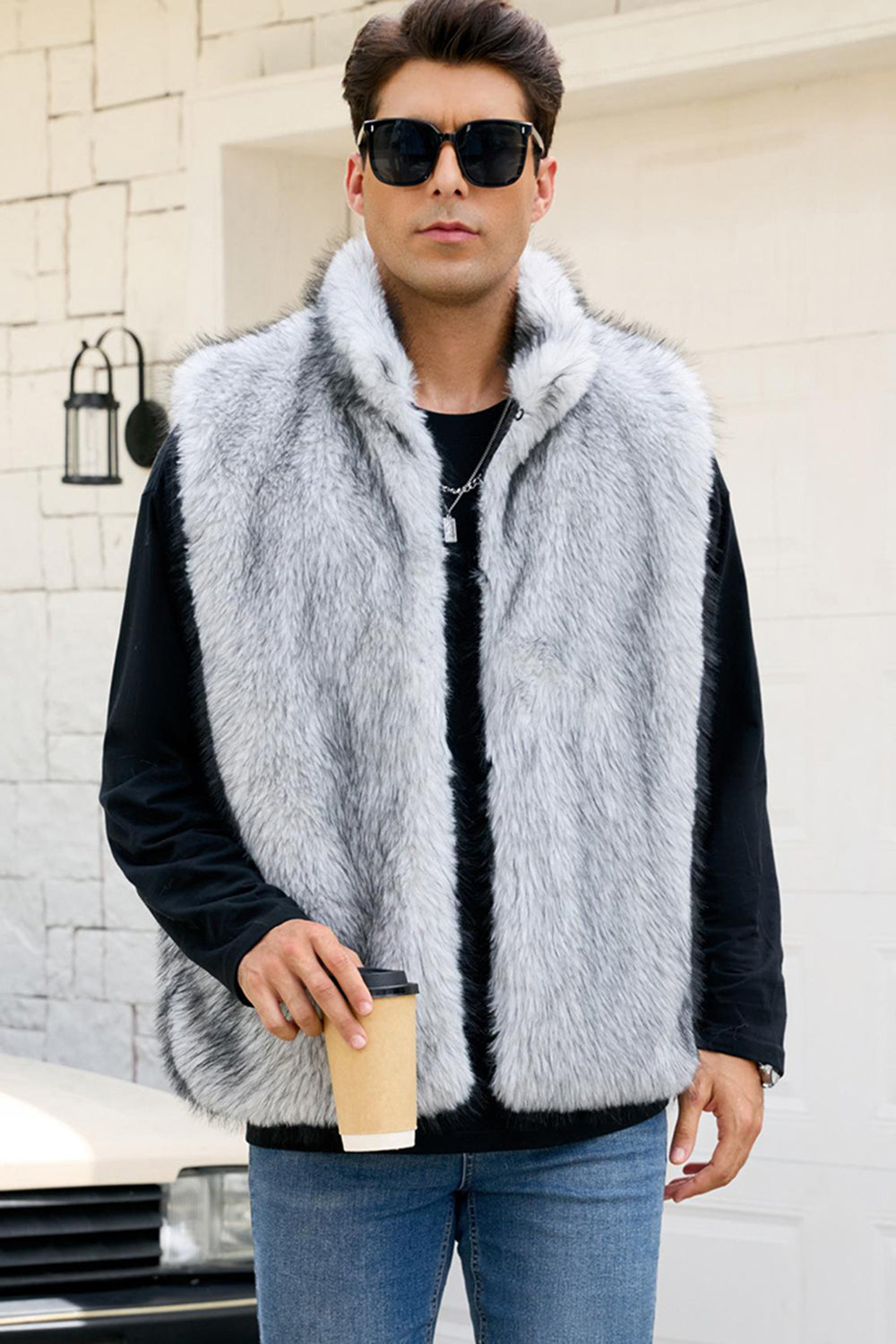 Light Grey Lapel Faux Fur Winter Men's Vest