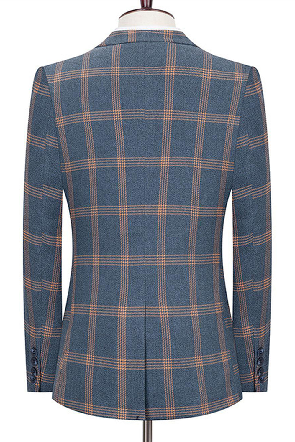 Blue Notched Lapel Slim Fit Plaid 3 Pieces Men's Prom Suits