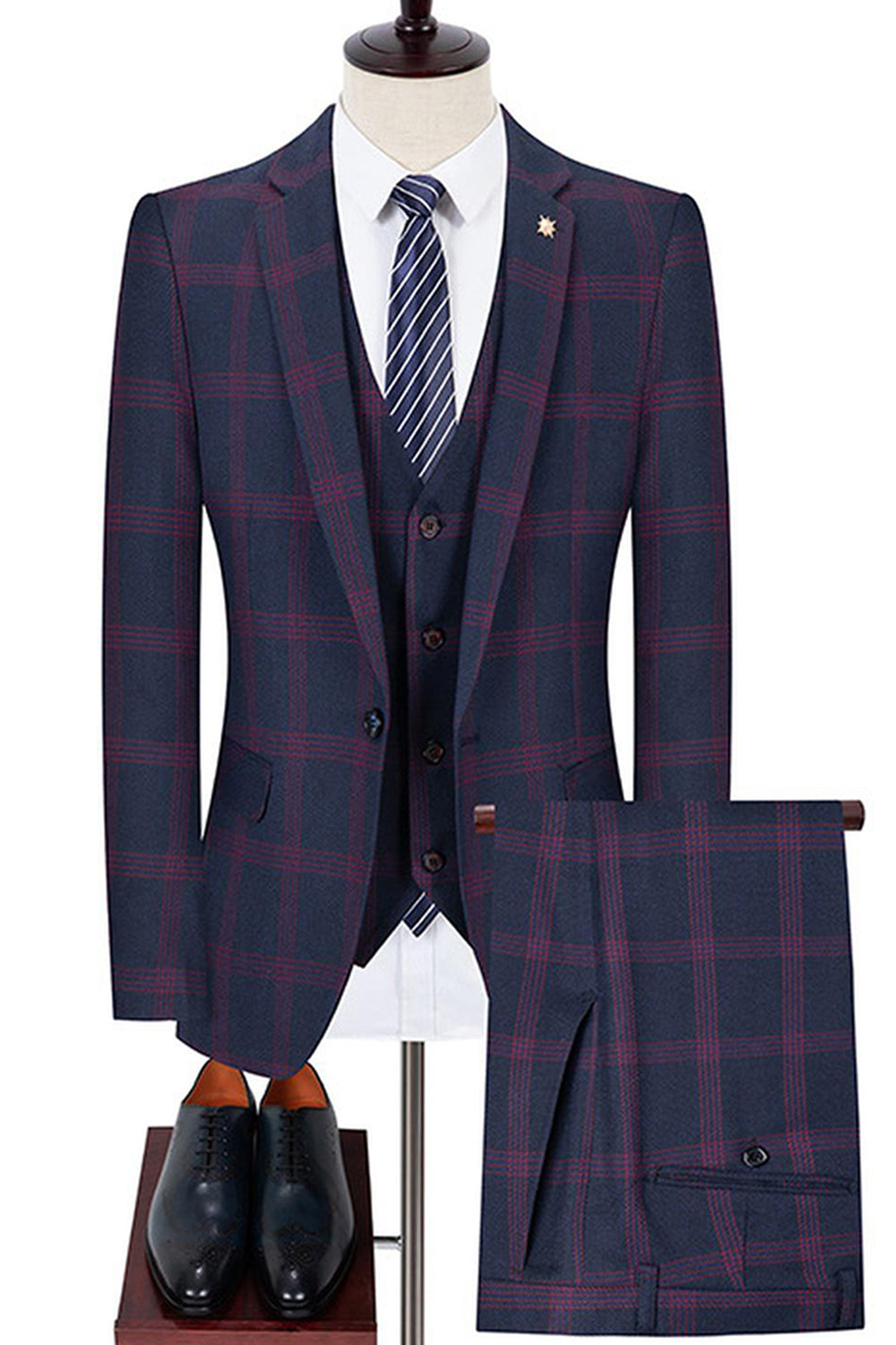 Blue Notched Lapel Slim Fit Plaid 3 Pieces Men's Prom Suits