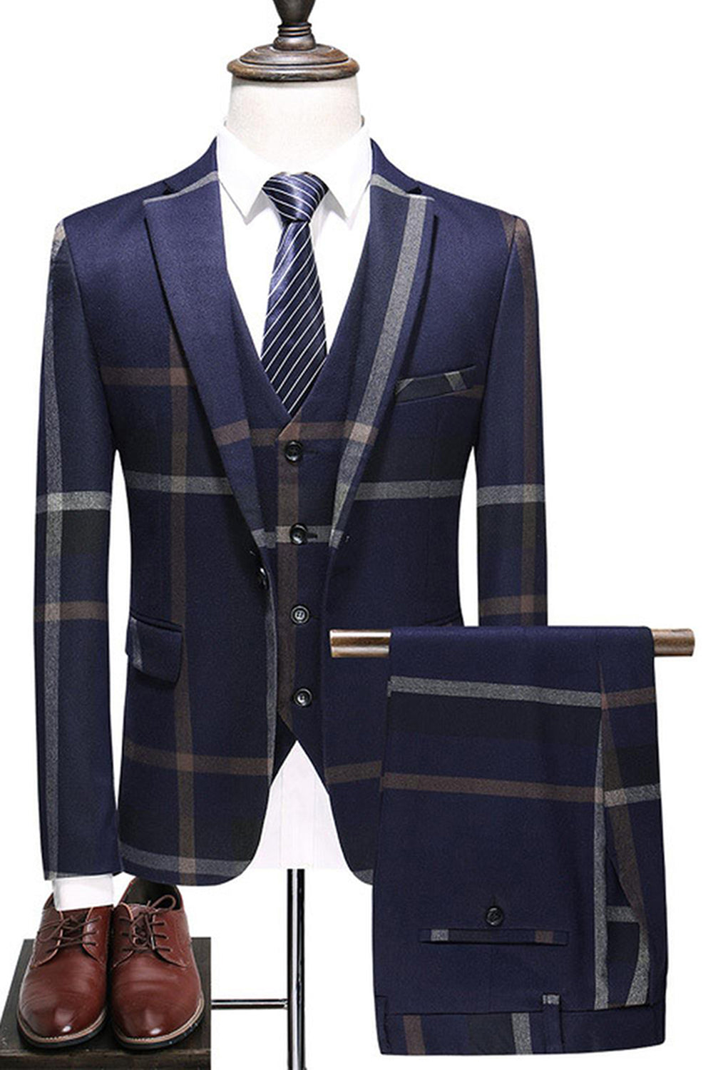 Dark Blue Notched Lapel Plaid 3-Piece Men's Formal Suits
