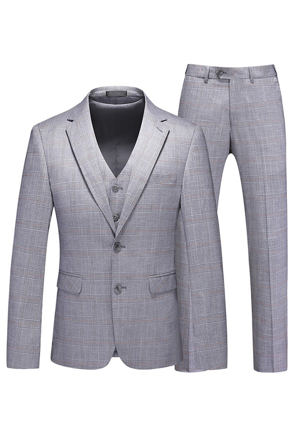 Grey Plaid 3 Pieces Notched Lapel Men's Formal Suits
