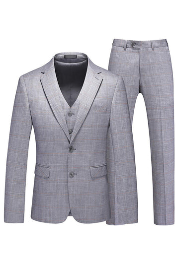 Grey Plaid 3 Pieces Notched Lapel Men's Formal Suits