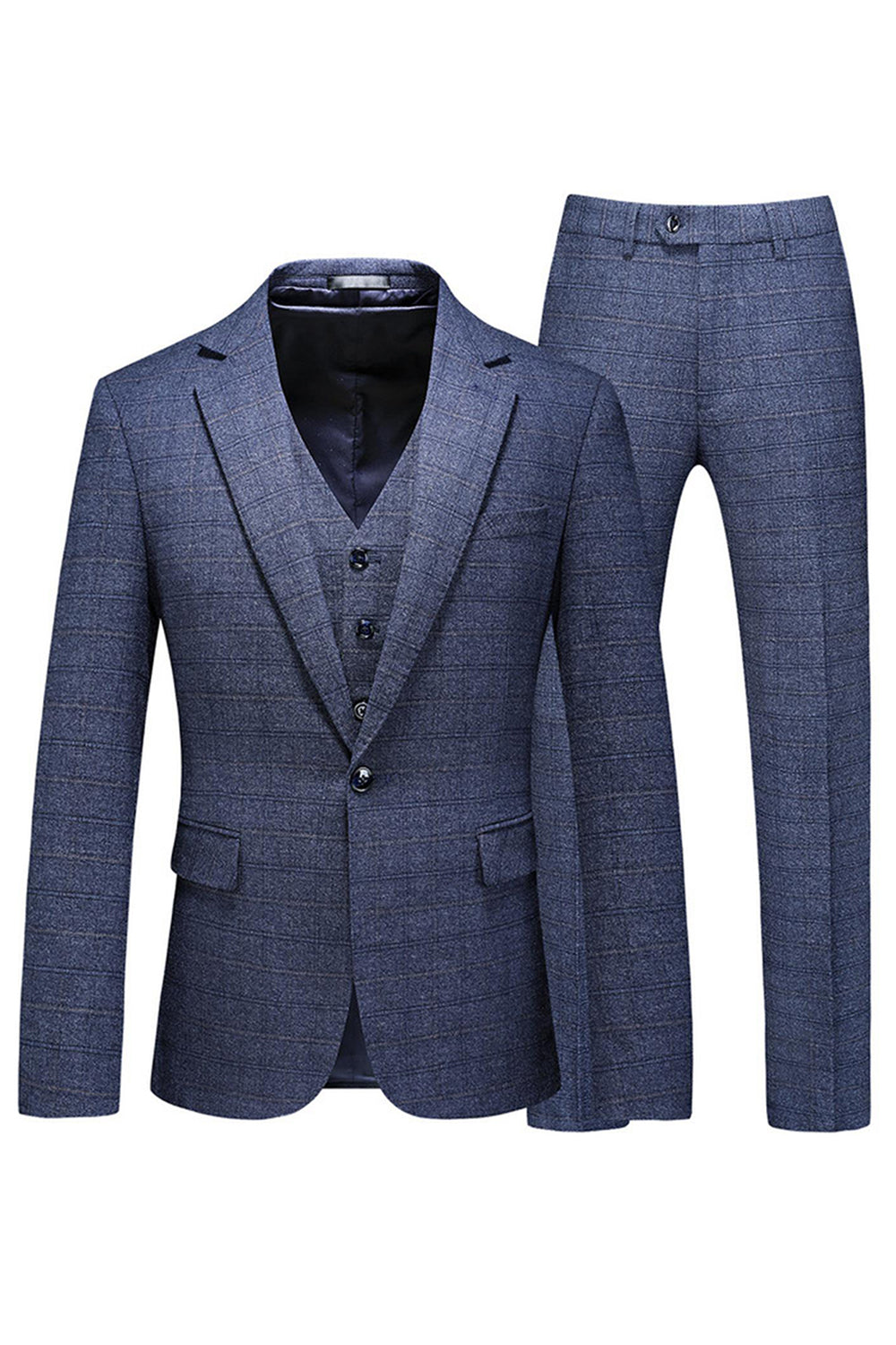 Dark Blue Plaid Notched Lapel 3 Pieces Men's Prom Suits