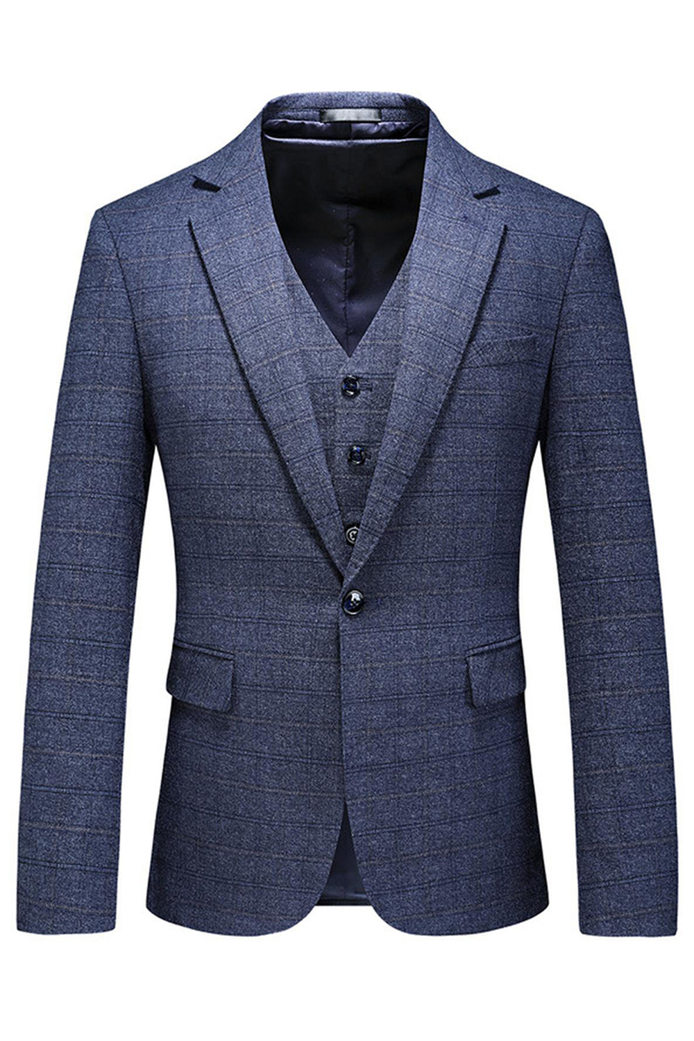 Dark Blue Plaid Notched Lapel 3 Pieces Men's Prom Suits