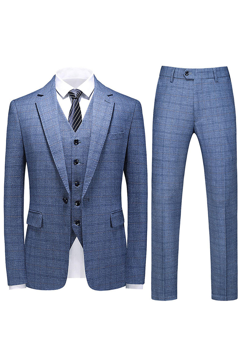 Dark Blue Plaid Notched Lapel 3 Pieces Men's Prom Suits