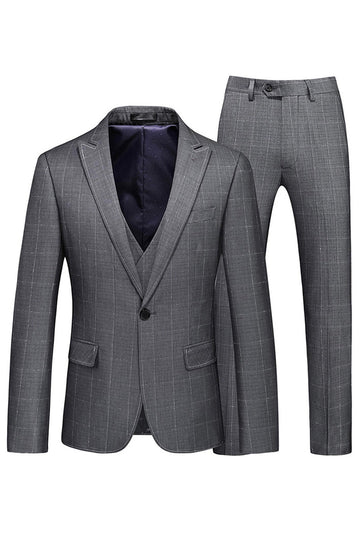 Men's Grey Plaid Peak Lapel One Button 3 Pieces Formal Suits