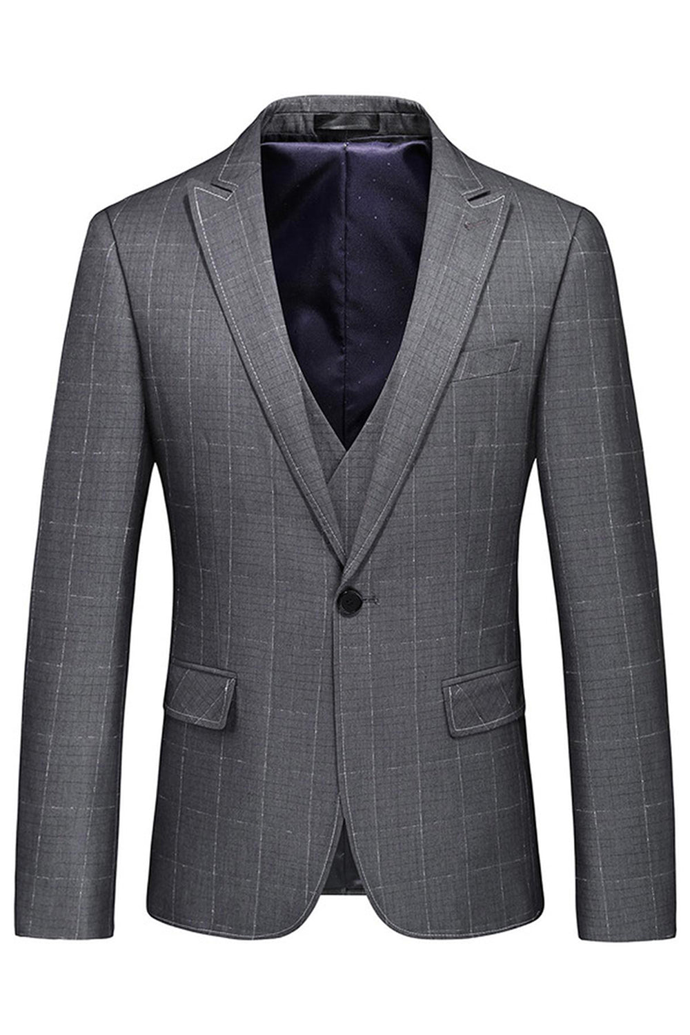Men's Grey Plaid Peak Lapel One Button 3 Pieces Formal Suits