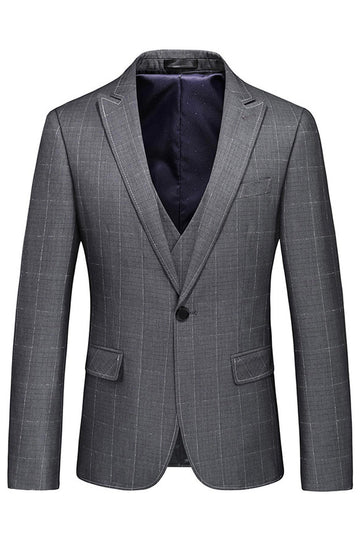 Men's Grey Plaid Peak Lapel One Button 3 Pieces Formal Suits