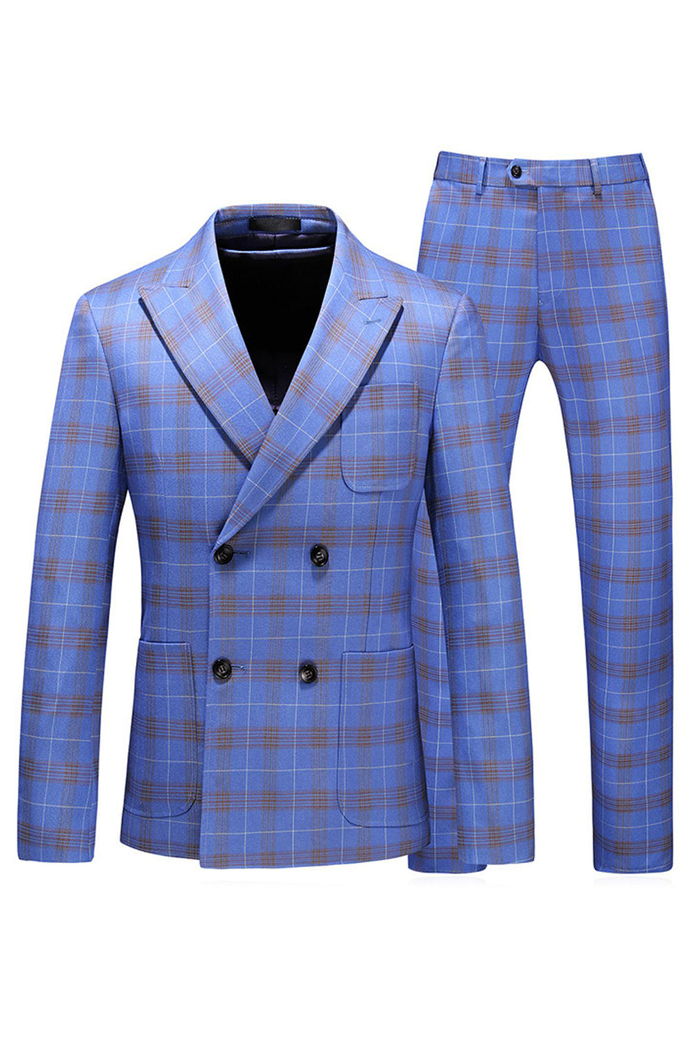 Blue Plaid Peak Double Breasted Lapel 2 Pieces Men's Prom Suits