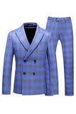 Blue Plaid Peak Double Breasted Lapel 2 Pieces Men's Prom Suits