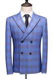Blue Plaid Peak Double Breasted Lapel 2 Pieces Men's Prom Suits