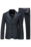Grey Green Striped Peaked Lapel 3 Pieces Men's Prom Suits