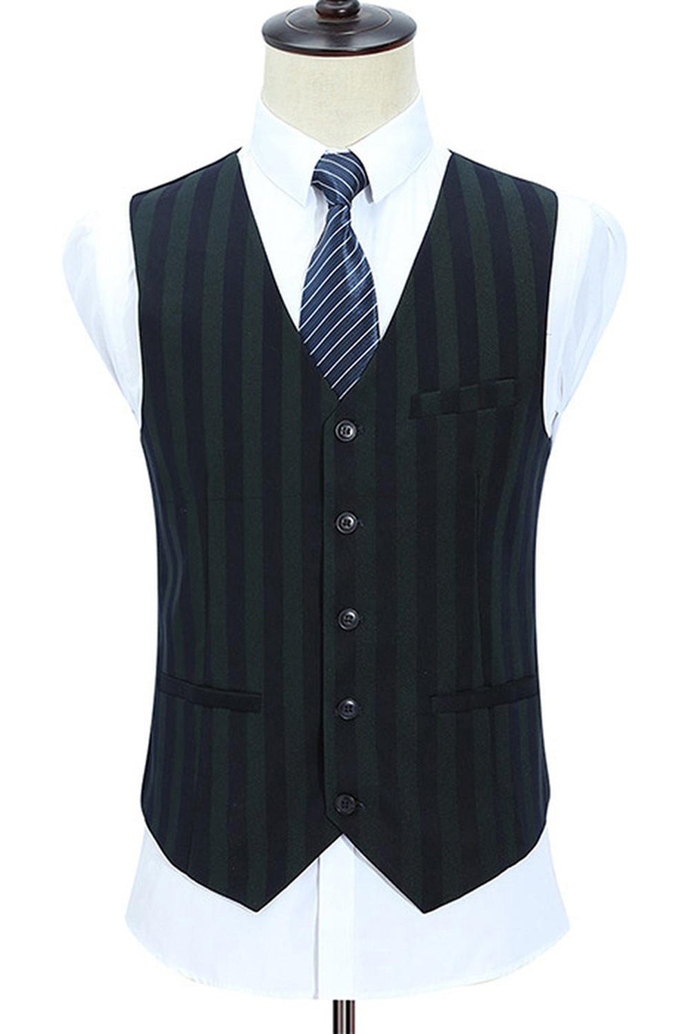 Grey Green Striped Peaked Lapel 3 Pieces Men's Prom Suits