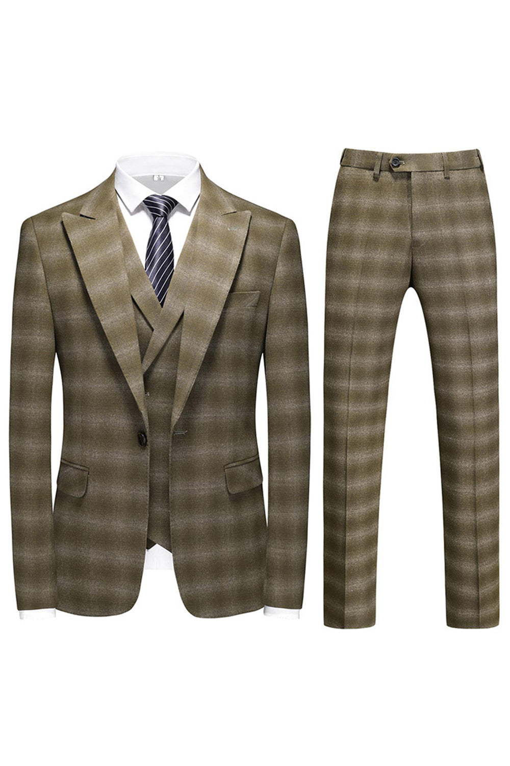 Army Green Striped Peak Lapel 3 Pieces Men's Formal Suits