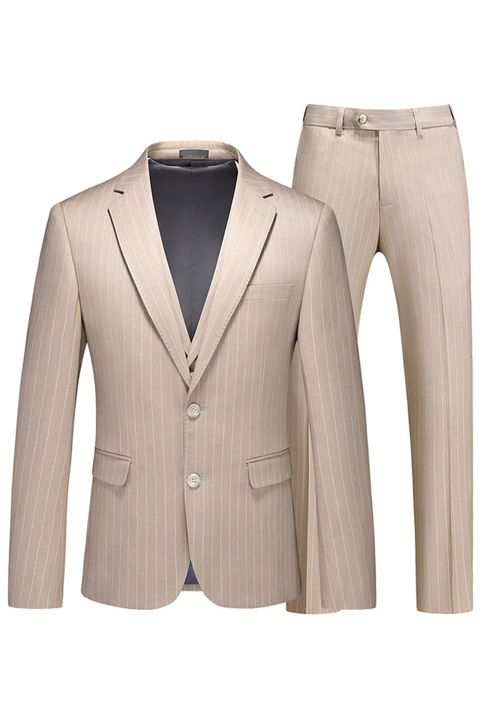 Khaki Striped Notched Lapel 3 Pieces Men's Formal Suits