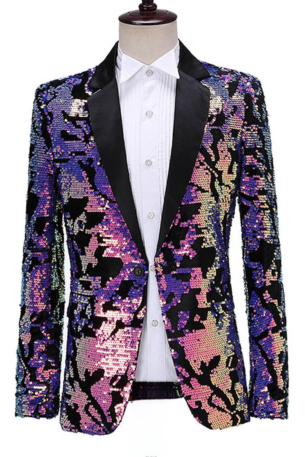 Sparkly Blue Purple Sequins Notched Lapel Men's Prom Blazer