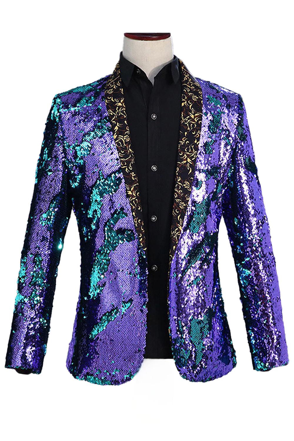 Sparkly Shawl Lapel Purple and Blue Sequins Men's Prom Blazer