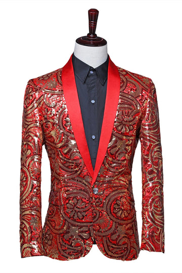 Sparkly Sequins Red Shawl Lapel Men's Prom Blazer