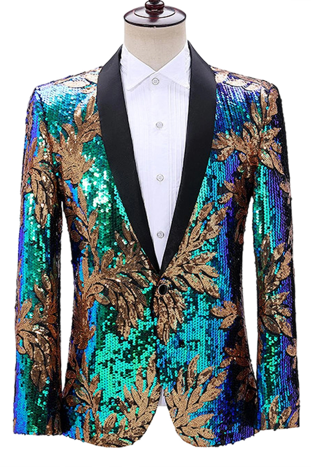 Sparkly Green and Blue One Button Shawl Lapel Men's Prom Blazer
