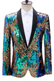 Sparkly Green and Blue One Button Shawl Lapel Men's Prom Blazer