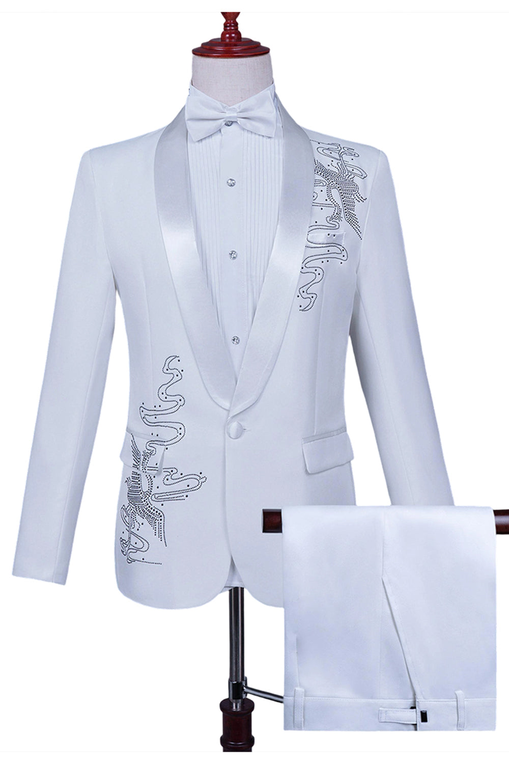 Sparkly White Shawl Lapel Slim Fit Beaded 2 Piece Men's Prom Suits