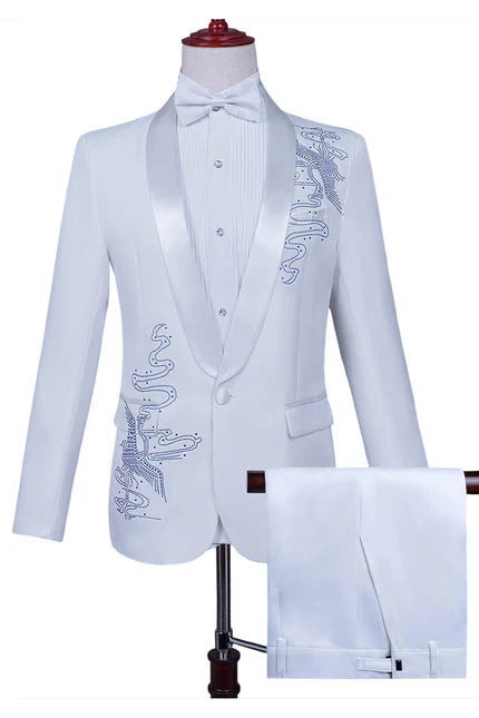 Sparkly White Shawl Lapel Slim Fit Beaded 2 Piece Men's Prom Suits