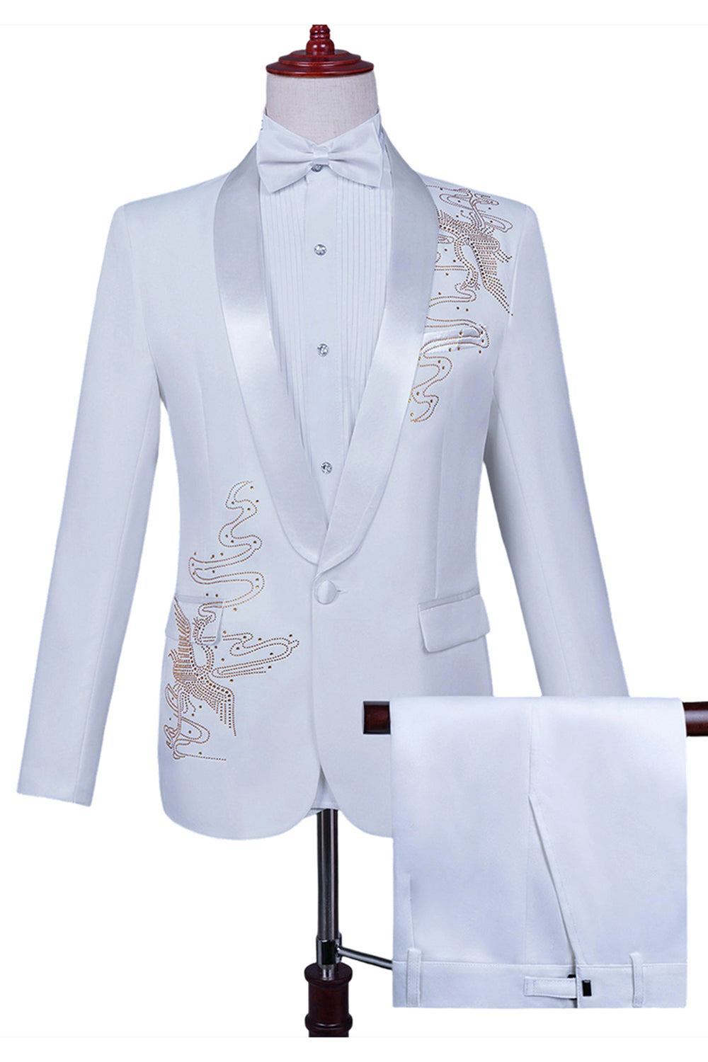Sparkly White Shawl Lapel Slim Fit Beaded 2 Piece Men's Prom Suits