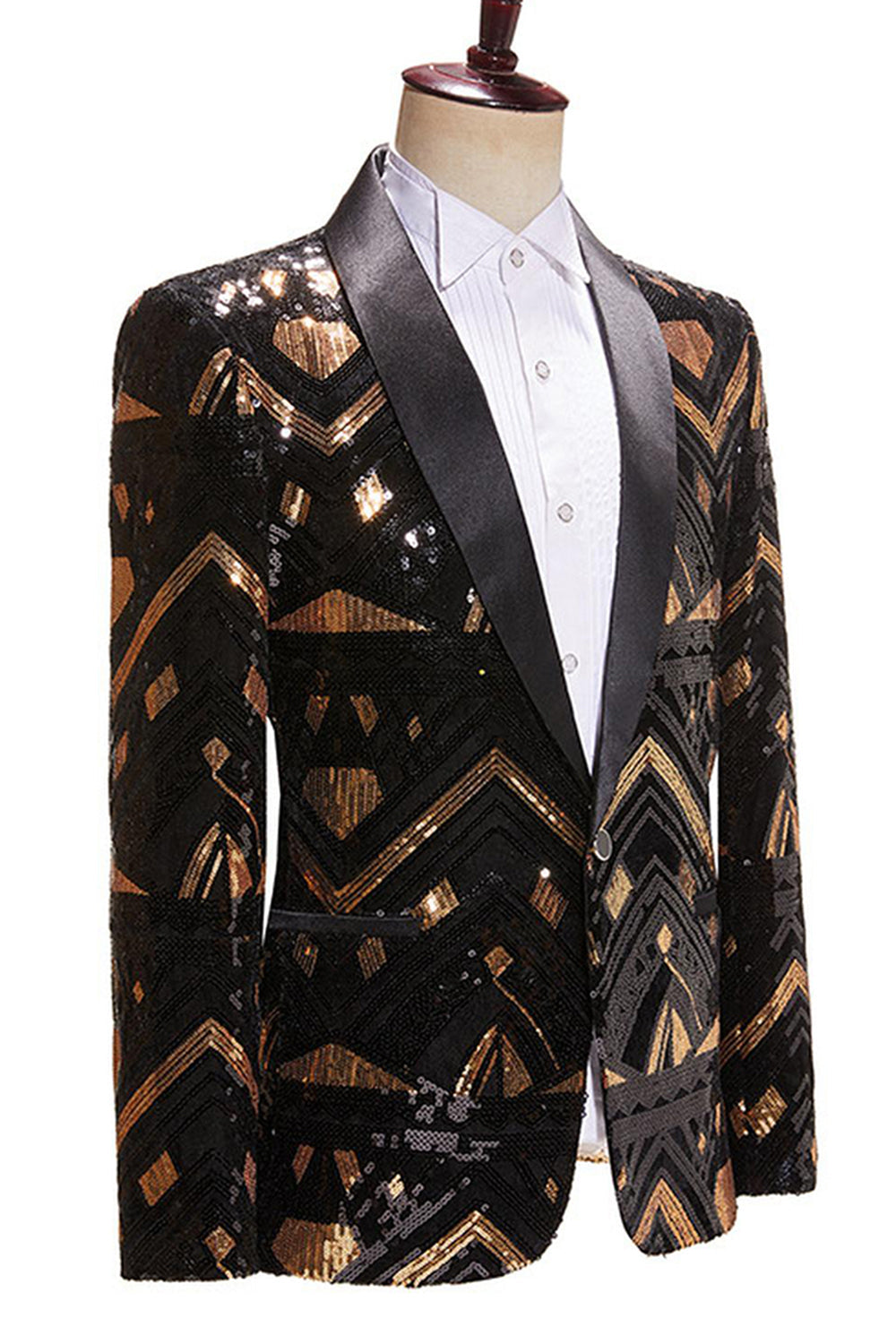 Sparkly Black and Golden Sequins Shawl Lapel Men's Prom Blazer