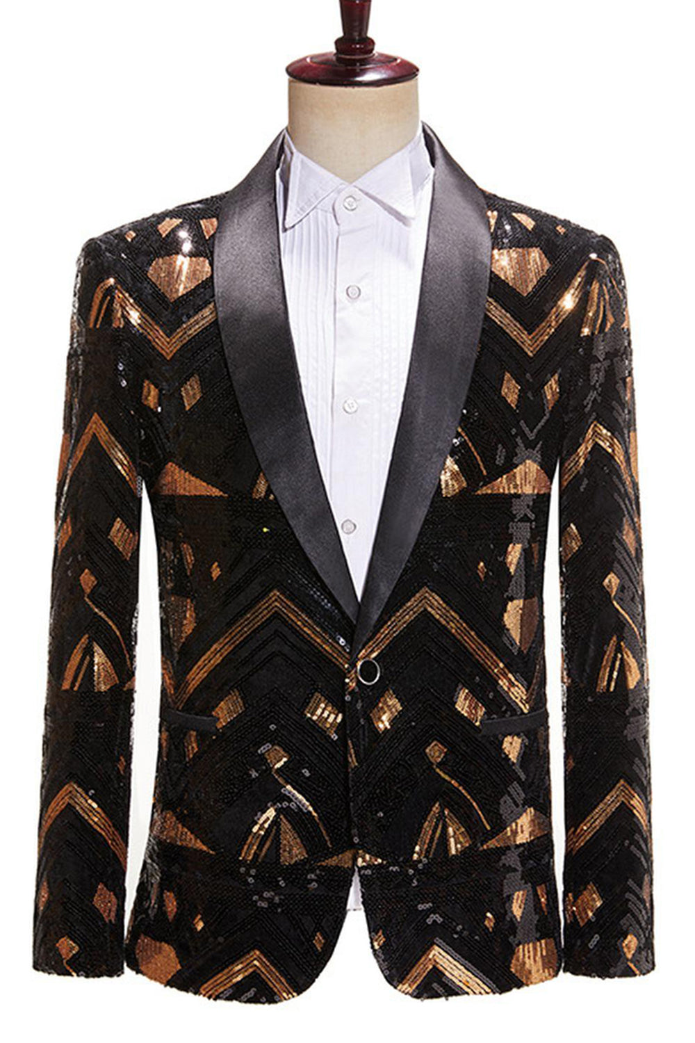 Sparkly Black and Golden Sequins Shawl Lapel Men's Prom Blazer