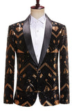Sparkly Black and Golden Sequins Shawl Lapel Men's Prom Blazer