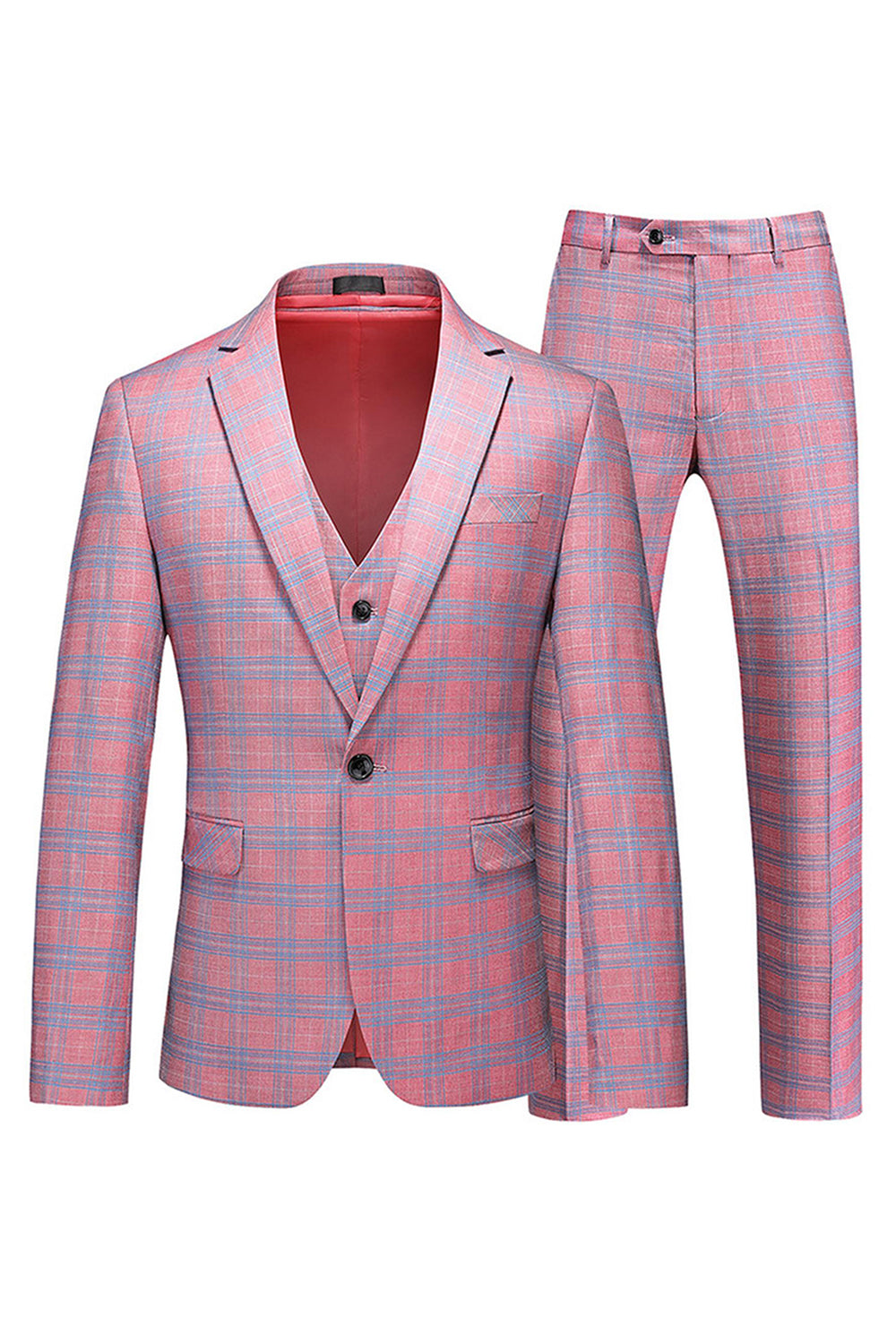 Pink Plaid Notched Lapel One Button 3 Piece Men's Prom Suits