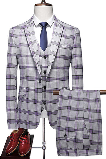 Purple Plaid 3 Pieces Notched Lapel Men's Prom Suits