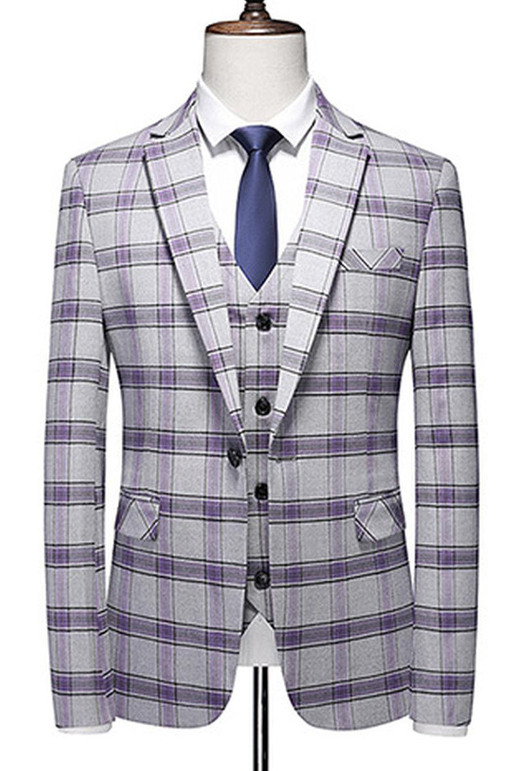 Purple Plaid 3 Pieces Notched Lapel Men's Prom Suits