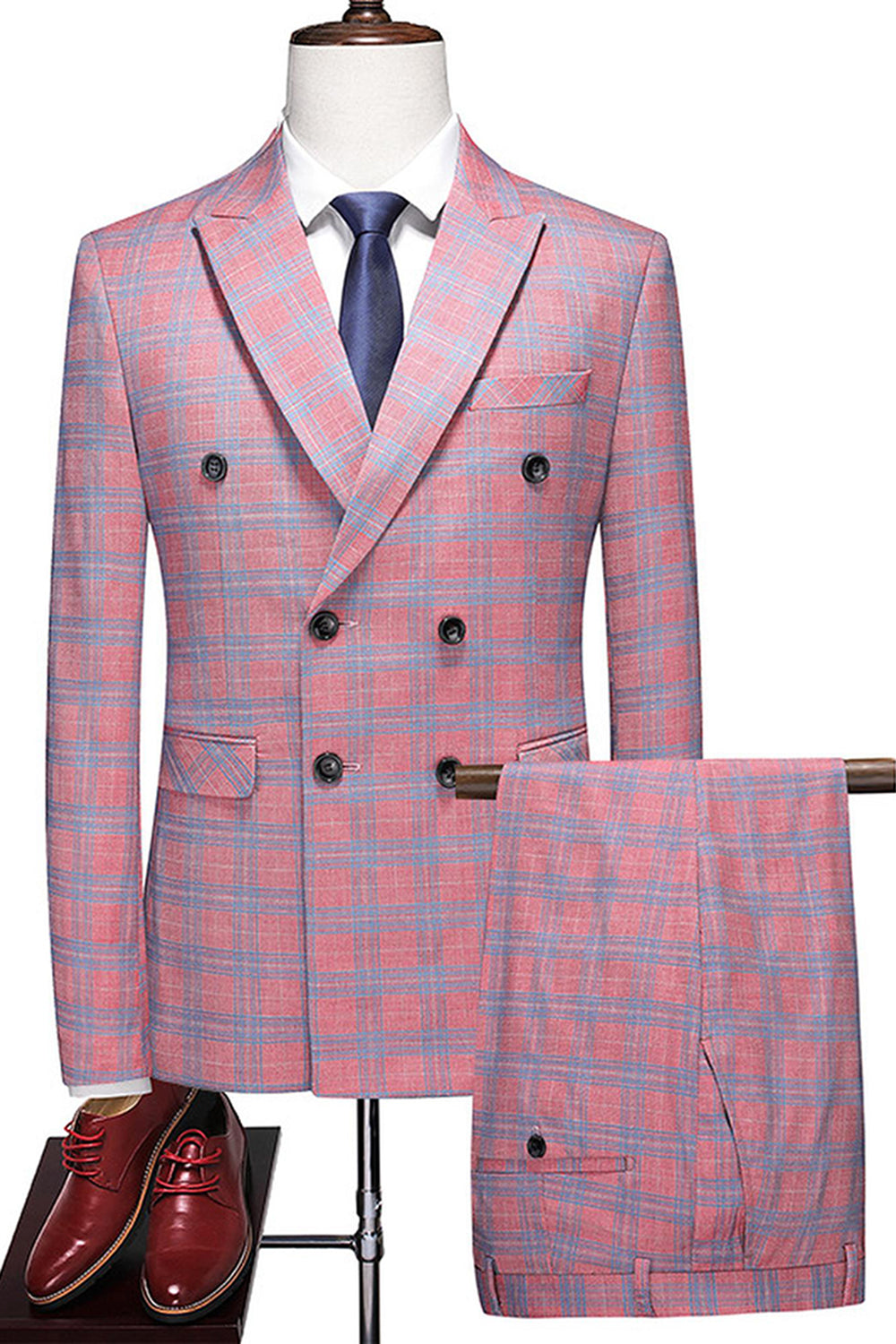Pink Plaid Peak Lapel 2 Pieces Men's Prom Suits